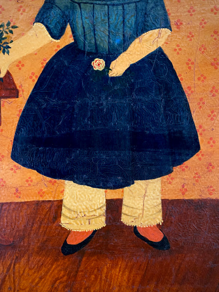Naive Folk Art Oil Painting Girl With Flowers By Leslie Stafford (1949–2024) - Source Vintage