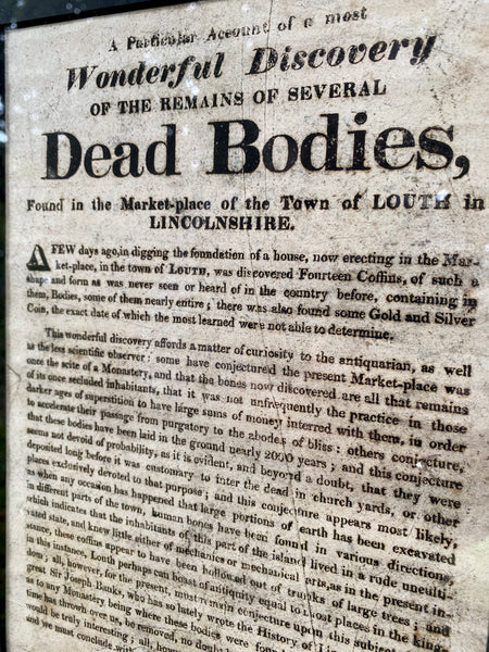 Rare Framed 1823 Broadside – Discovery of Human Remains in Louth Marketplace - Source Vintage