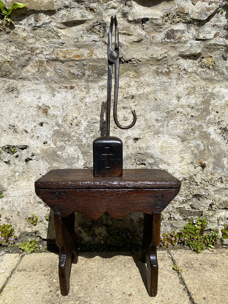 Substantial Wrought Iron Curiosity Treen Base Engraved With Cross & Latin Phrase - Source Vintage