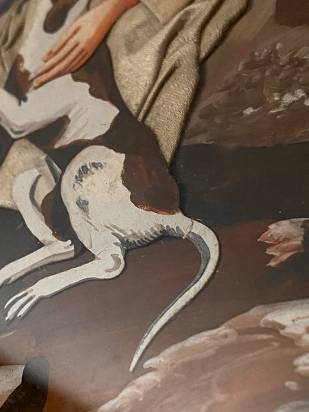 Antique Georgian Late 18th Century Folk Art Collage & Gouache Painting of English Gamekeeper & His Dog