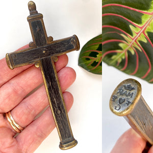 Antique Religious 18th Century Bog Oak & Bronze Combination Crucifix And Wax Seal Pendant