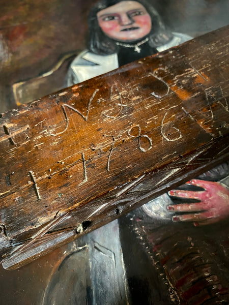 Antique 18th Century Danish Folk Art Wooden Box Profusely Carved With Names, Initials & Date Of 1786 - Source Vintage