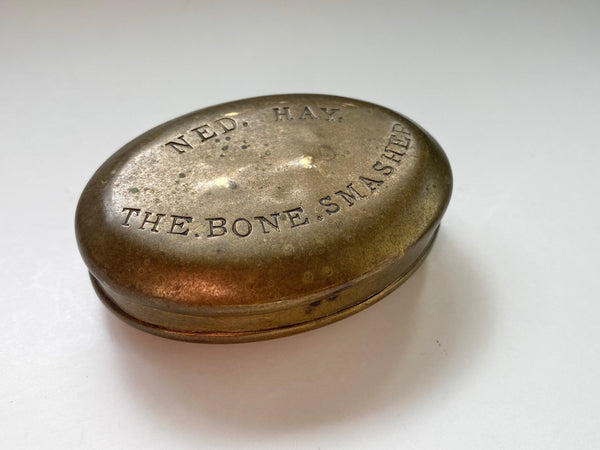 Antique 19th Century Brass Snuff Box Named ‘Ned Hay’ The Bone Smasher - Source Vintage