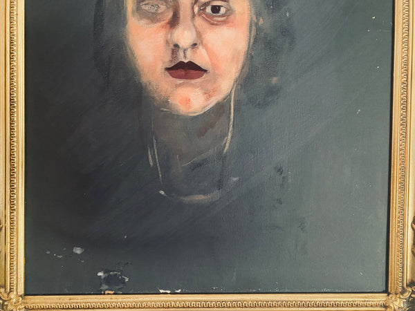 Creepy Framed Vintage Portrait Painting Of A Woman London Art School - Source Vintage