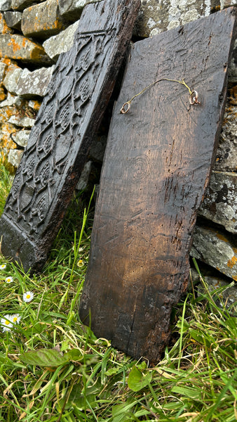 Extremely Rare Pair Of English 15th Century Oak Heraldic Panels With Rare Concentric Circle Apotropaic Witch Marks & Scorch Marks