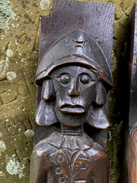 Utterly Charming Pair Antique Folky Carved Wooden Caryatid Figures