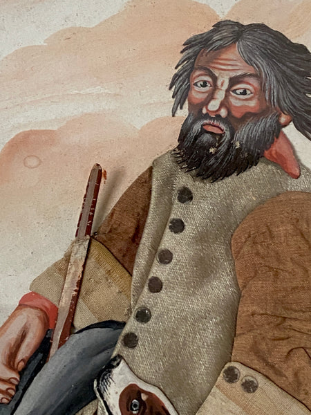Antique Georgian Late 18th Century Folk Art Collage & Gouache Painting of English Gamekeeper & His Dog