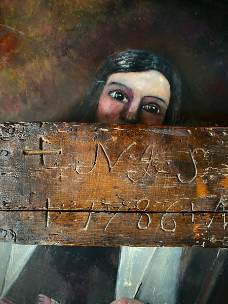 Antique 18th Century Danish Folk Art Wooden Box Profusely Carved With Names, Initials & Date Of 1786 - Source Vintage