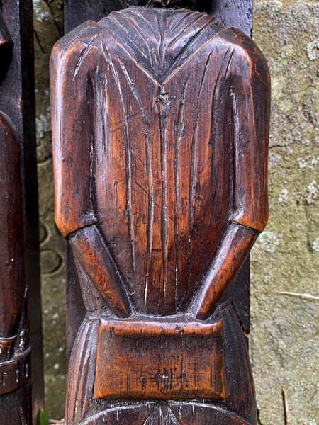 Utterly Charming Pair Antique Folky Carved Wooden Caryatid Figures