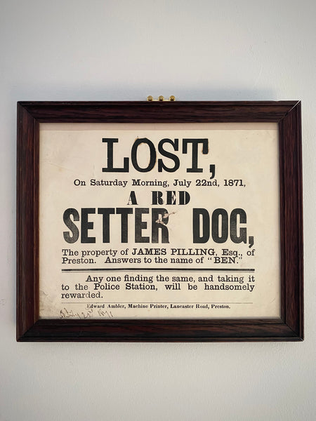 Antique 19th Century Framed Lost Dog Poster For A Dog Called Ben Dated 1871