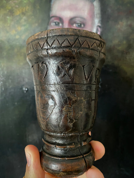 Rare 18th Century Goblet Carved From A Single Piece Of Oak With Assortment Of Protection Marks Dated 1779 - Source Vintage