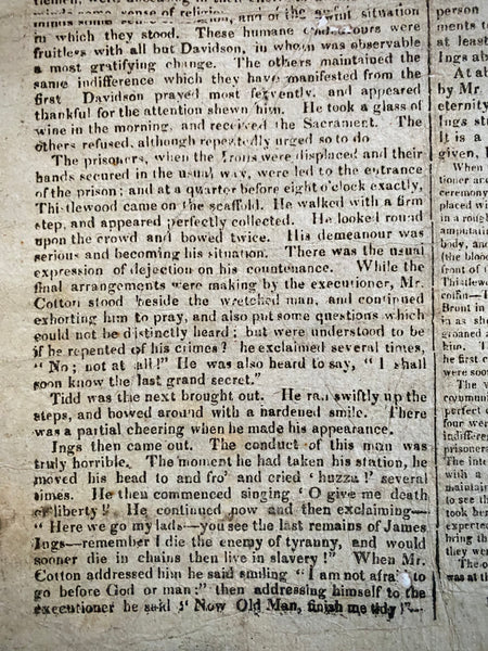 Rare Antique 19th Century Execution Broadside For The Execution Of Arthur Thistlewood and the Cato Street conspirators 1820 - Source Vintage