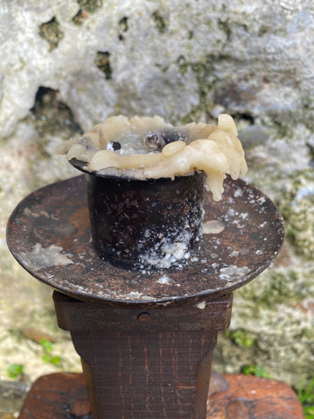 Unusual Antique French 19th Century Rustic Oak & Wrought Iron Candle Holder - Source Vintage