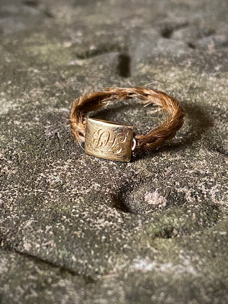 Antique 19th Century Mourning Hair Ring With Gold Name Plate Initialled & Dated 1832 - Source Vintage