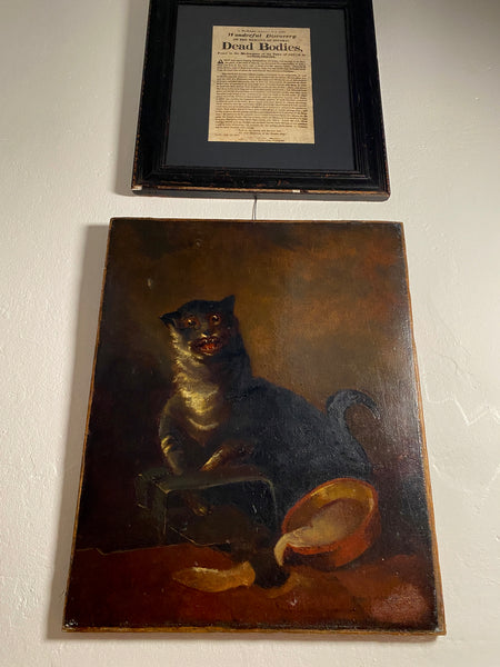Antique 19th Century Unhinged Folk Art Oil On Canvas Painting Of A Demented Cat