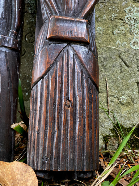 Utterly Charming Pair Antique Folky Carved Wooden Caryatid Figures