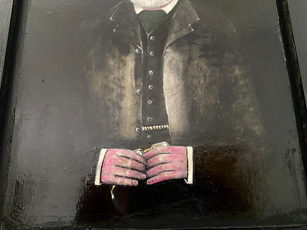 Vintage Naive Folk Art Portrait Painting Oil On Board By Ian. W. Edwards 1947-2024 - Source Vintage