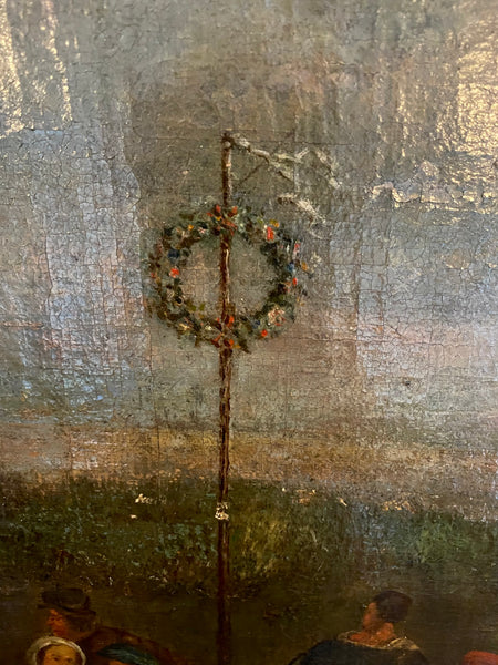 Antique 18th-19th Century Midsummer Maypole Dancing Oil On Canvas Painting - Source Vintage