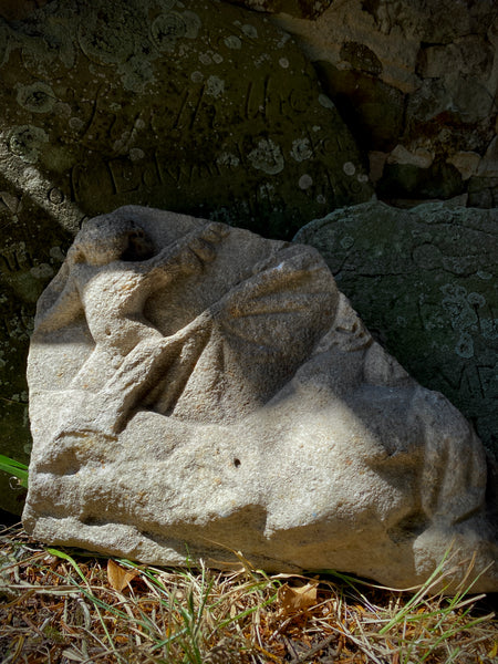 Antique Architectural Ecclesiastical Carved Stone Fragment Depicting Cherub/Angel Standing Over Fallen Figure, Possibly Lucifer