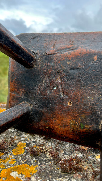 Rare Antique Late 18th - Early 19th Century Candle Stool With Carved Apotropaic Marian Mark - Source Vintage