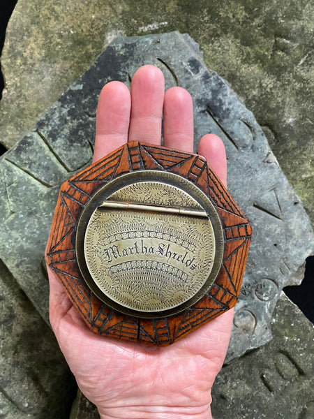 Exceptional Antique Early 19th Century Treen & Brass Folk Art Snuff Box Named ‘Martha Shields’ - Source Vintage
