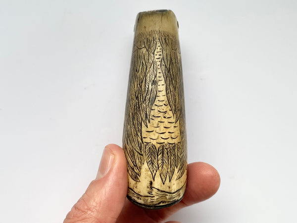 Antique 19th Century Carved Horn Game Keeper’s Snuff Mull With Swivel Dispenser Folk Art Bird Design - Source Vintage