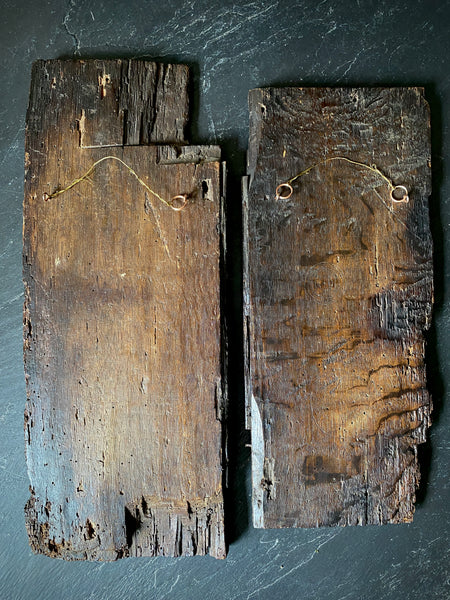 Extremely Rare Pair Of English 15th Century Oak Heraldic Panels With Rare Concentric Circle Apotropaic Witch Marks & Scorch Marks