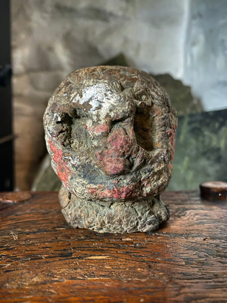Disturbing Rare Antique 18th Century Early Composition Folk Art Witches Doll Head On Later Made Stand - Source Vintage