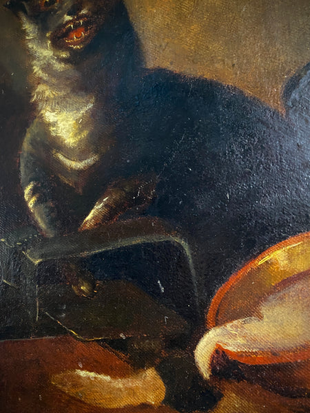 Antique 19th Century Unhinged Folk Art Oil On Canvas Painting Of A Demented Cat