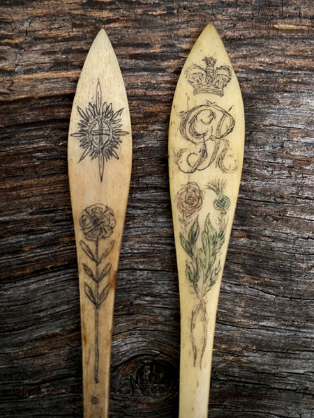 Pair Antique Early 19th Century Sailor Folk Art Carved Bone Salt Spoons With Patriotic & Maritime Motifs
