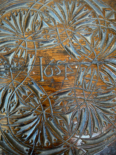 Antique 17th Century Oak Bible Box Dated 1654, Initialled, Heavily Carved, Cryptic Text & Symbols, Faint Protection Mark To One Side