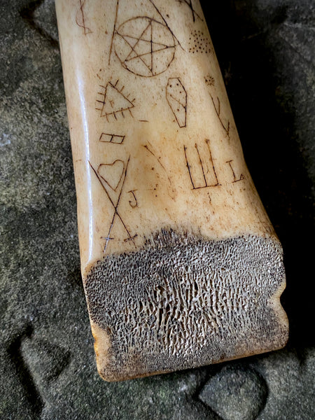 Antique 19th Century Carved Bone/Antler Sailor Folk Art Seam Rubber With An Array Of Symbolic Graffiti