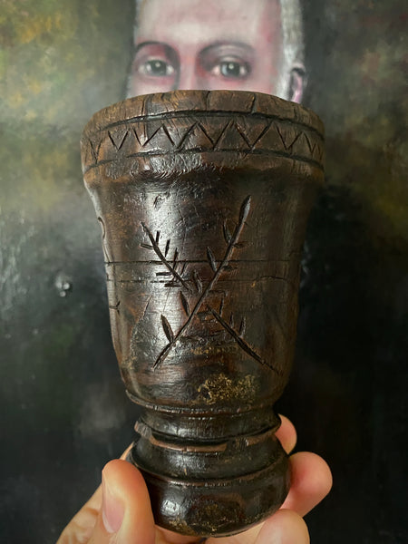 Rare 18th Century Goblet Carved From A Single Piece Of Oak With Assortment Of Protection Marks Dated 1779 - Source Vintage