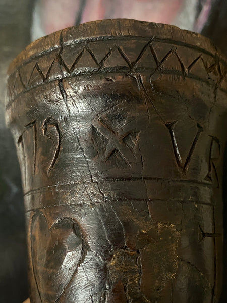 Rare 18th Century Goblet Carved From A Single Piece Of Oak With Assortment Of Protection Marks Dated 1779 - Source Vintage