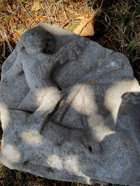 Antique Architectural Ecclesiastical Carved Stone Fragment Depicting Cherub/Angel Standing Over Fallen Figure, Possibly Lucifer