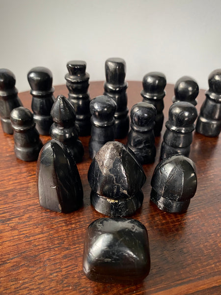 Rare Antique Folk Art 19th Century Carved Cannel Coal Chess Set