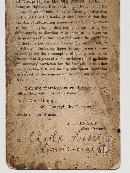 Rare Habitual Drunkard Card Issued By Newport Borough Police 1903