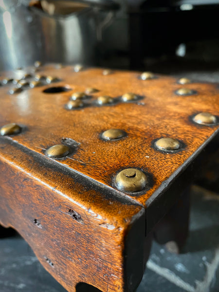 Unusual Antique 19th Century Solid Mahogany Stool With Brass Studs With Initials ‘R.V’ Possible Love Token - Source Vintage