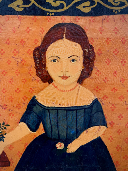 Naive Folk Art Oil Painting Girl With Flowers By Leslie Stafford (1949–2024) - Source Vintage