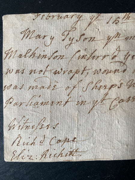 Rare Antique 18th Century Handwritten Sworn Statement Concerning The Body Of A Martin Mackinson & The Burying In Woollen Act