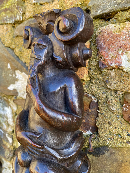 Antique 17th Century Carved Oak Caryatid With Beastie - Source Vintage