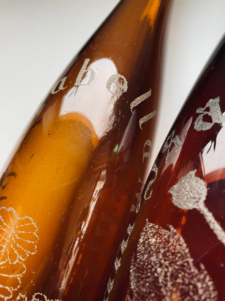 Rare Pair Antique 19th Century Stippled Folk Art Alloa Glass Wedding Bottles - Source Vintage