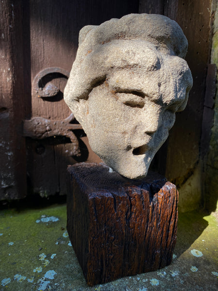 Disturbing Antique Stone Carving Of A Hag / Witch / Ghost Like Entity On A Later Wooden Base - Source Vintage