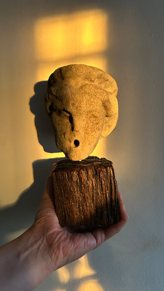 Disturbing Antique Stone Carving Of A Hag / Witch / Ghost Like Entity On A Later Wooden Base - Source Vintage