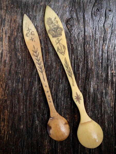 Pair Antique Early 19th Century Sailor Folk Art Carved Bone Salt Spoons With Patriotic & Maritime Motifs