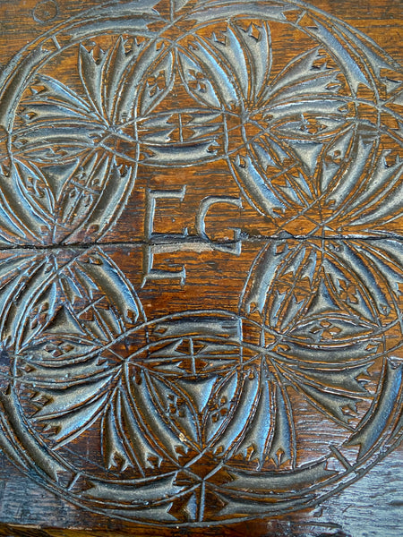Antique 17th Century Oak Bible Box Dated 1654, Initialled, Heavily Carved, Cryptic Text & Symbols, Faint Protection Mark To One Side