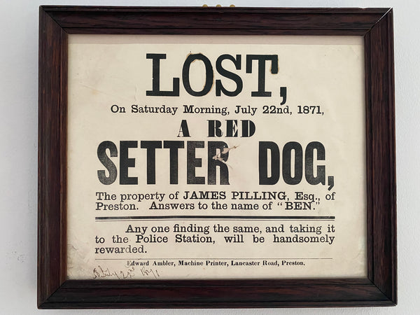 Antique 19th Century Framed Lost Dog Poster For A Dog Called Ben Dated 1871