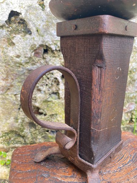 Unusual Antique French 19th Century Rustic Oak & Wrought Iron Candle Holder - Source Vintage