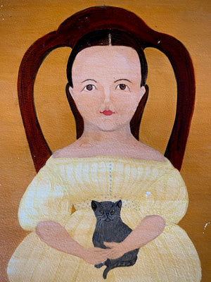 Naive Folk Art Oil Painting Child Holding A Cat By Leslie Stafford (1949–2024)