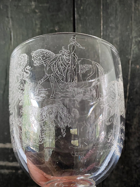 Antique 19th Century Glass Goblet Heavily Inscribed In Diamond Point With Various Imagery & Verse